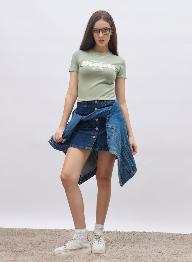 Styli Green Slogan Print T-Shirt with Overlock Seam - Image 4
